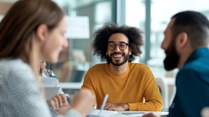Fototapeta premium Image Analysis A group of three people (two in the foreground, one central) sitting around a table. The central figure is a man with curly black hair, glasses and an orange sweater,