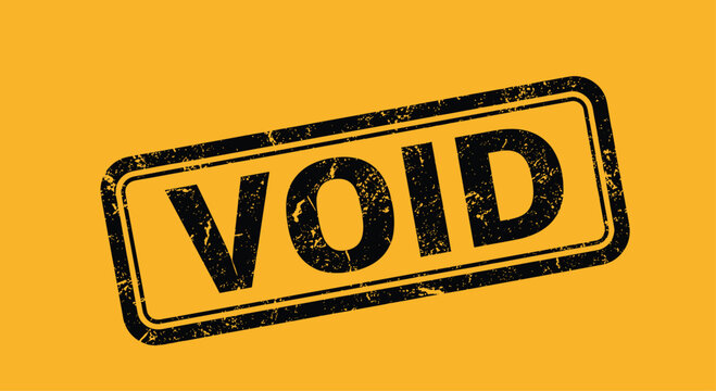Grungy black 'VOID' rubber stamp shown at an angle on a solid yellow-orange background, conveying a sense of invalidity or cancellation.