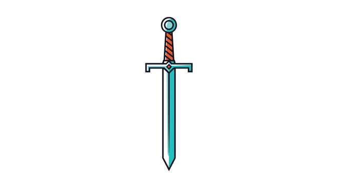 Simple and colorful cartoon illustration of a medieval knight's broadsword with a blue blade and a brown hilt, isolated on white background.