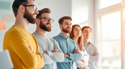 Obraz premium Image content A group of five diverse young professionals (four men, one woman) standing in a row, arms crossed, looking towards the right (away from the camera). They are in a bright,