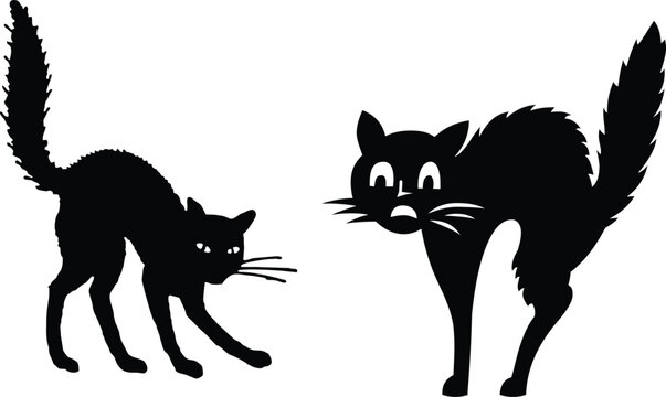 Vintage Halloween black cat silhouettes, spooky arched back feline vector set, retro hand drawn scared cats for holiday decor and graphic design