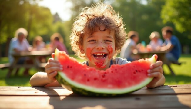 Joyful kid with messy face eats huge watermelon slice in park. Family picnic day fun. Summer outdoor eating, happy childhood. Sweet juicy fruit treat enjoyed outdoors.