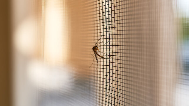 Close-up of a common mosquito or gnat (Culicidae or Chironomidae) on a window screen, showing its intricate body and delicate legs in sunlight