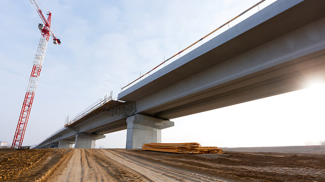 Modern Bridge Construction Site with Tower Crane and Exposed Foundation Work Under a Bright Sky on a Sunny Day