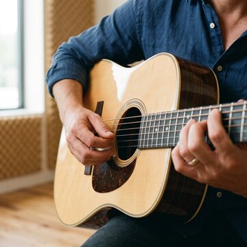 Close-up of a man in a blue shirt playing an acoustic guitar in a music recording studio