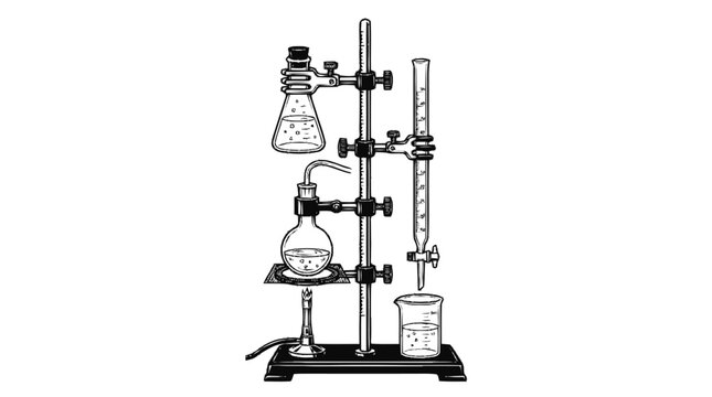 Laboratory titration setup with a flask, beaker, burette, and stand, indicating a scientific experiment