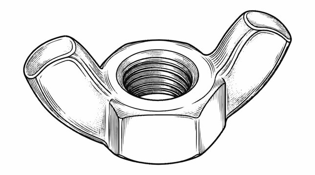A simple illustration of a metal wing nut, viewed from a slight angle. The wing nut is hexagonal at the base with a threaded hole in the center and has two flat wings extending outward.