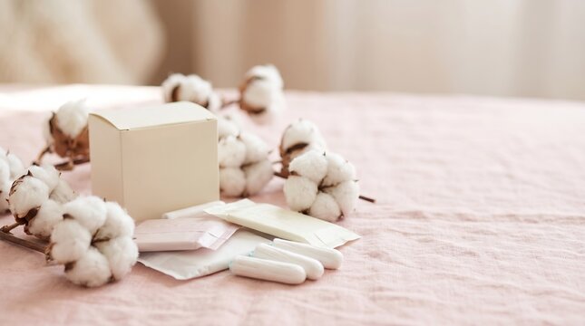 Feminine hygiene products with cotton branches on soft fabric background, ideal for menstrual and wellness concepts