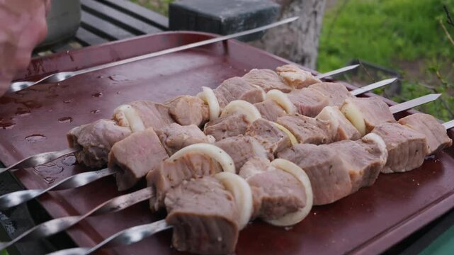 Raw chunks of meat and sliced white onions are threaded onto metal skewers. The prepared shashlik rests on a flat red tray outdoors. Green grass and a grill sit in the background.