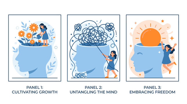 World Mental Health Day Three panel vector series depicting mental health progress through cultivating growth untangling the mind and embracing freedom
