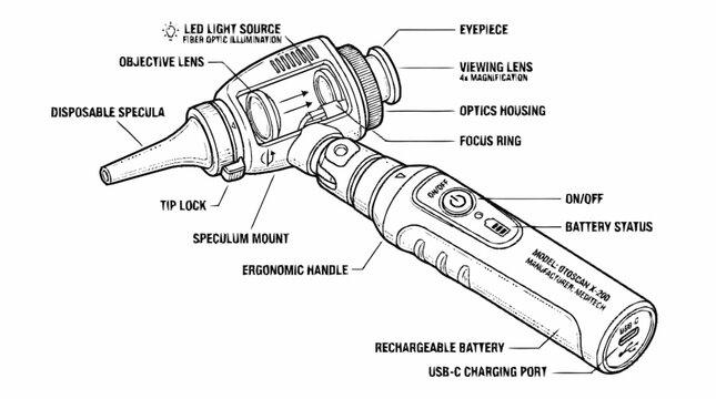 Diagram of an otoscope with all its components labeled, showing its ergonomic design and technical features