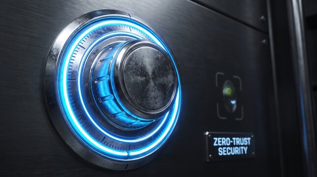 Close-up of a secure safe's glowing blue dial and keycard reader on a black metal door with a zero-trust security label
