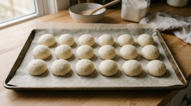 Freshly baked round doughnuts cooling on a metal baking tray.