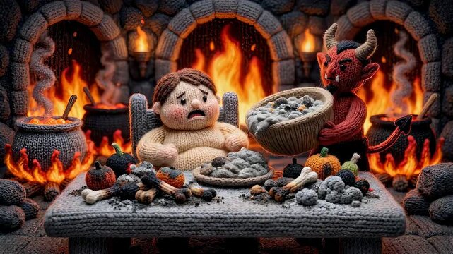 Gluttony concept represented by a knit man eating in hell while a demon serves food. Biblical story of seven deadly sins featuring a handmade yarn texture style.