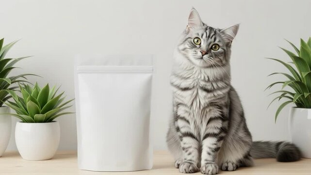 Grey tabby cat sitting next to a blank white food pouch