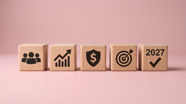 New year 2027 business growth and financial target concept with wooden cubes showing teamwork, economic improvement graph, asset shield dollar protection, and arrow target on pink background.