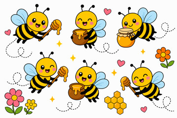 Fototapeta premium Cute cartoon bees with honey and flowers, a delightful illustration