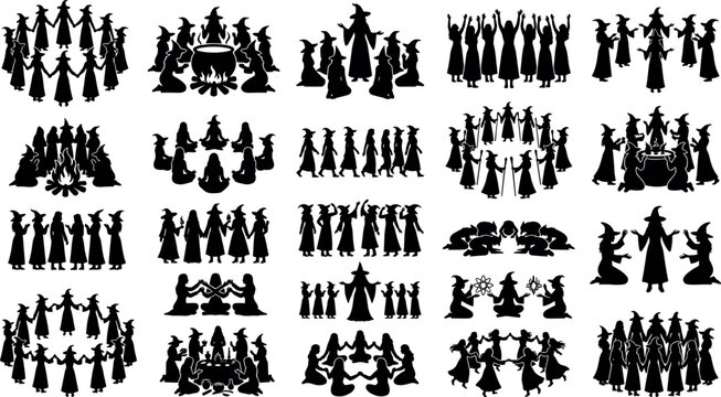 Witch coven ritual silhouettes collection pagan witchcraft sorcery and wicca black vector set in image_25e15a.png