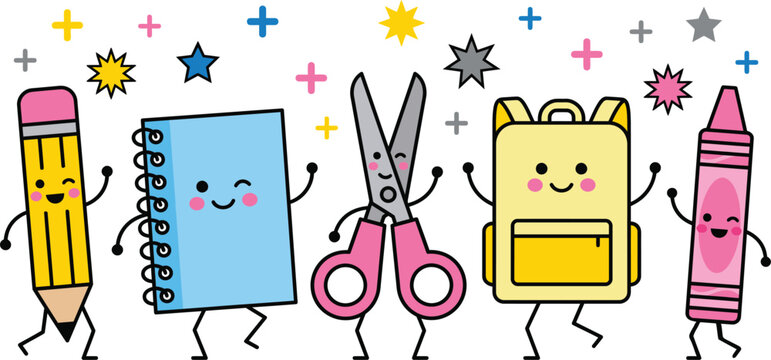 Cute Kawaii Back to School Supplies Characters Vector Illustration with Smiling Pencil Notebook Scissors Backpack and Crayon Cartoon on White Background