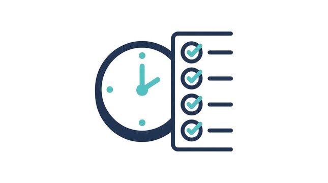 Completed tasks list icon showing clock and checkboxes with green check marks indicating finished.