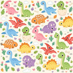 Naklejka premium Cute cartoon dinosaurs and prehistoric elements in a playful seamless pattern