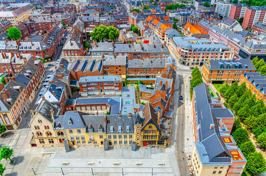 Aerial top view of Amiens historical city centre with pilgrim house on Place Notre Dame square and districts with old buildings, Somme department, Hauts-de-France Region, Northern France