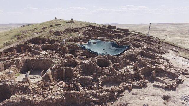 Cinematic Drone Flight Over Karahantepe Archaeological Site in Sanliurfa, Turkiye &ndash; Ancient Neolithic Heritage from Above