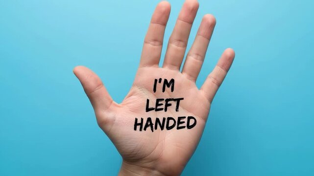Hand with im left handed text written on palm