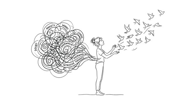 Person releasing swarm of birds concept vector illustration with releasing, thoughts