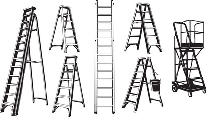 Collection of aluminum ladders and a mobile work platform against a white background © MST MEHENAJ