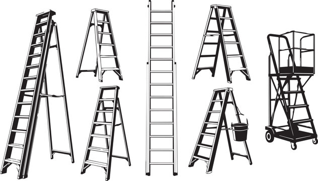 Collection of aluminum ladders and a mobile work platform against a white background