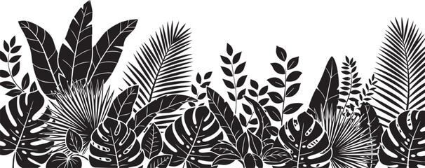 Diverse tropical foliage border in monochrome silhouette against a clean white background © MST MEHENAJ