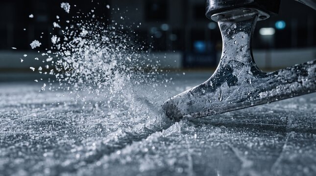 Ice rink resurfacing with a Zamboni machine blade cutting through ice