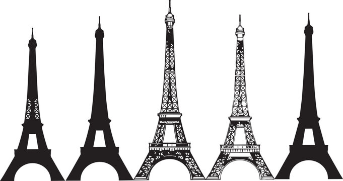 Eiffel Tower silhouettes in increasing size against a white background