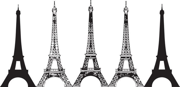 Eiffel Tower silhouettes in varying detail against a white background signifying Paris landmarks