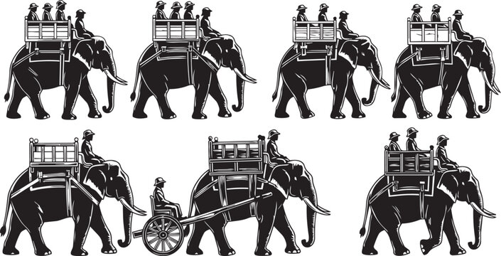 Elephants carrying people in wooden carts during a procession with a rickshaw