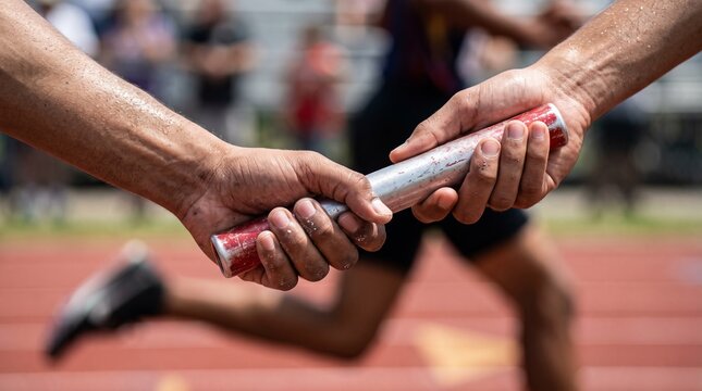 Athlete hands passing relay baton on a track