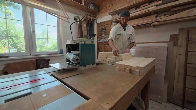 Focused authentic male joiner sorting and inspecting sorted wood lumber blanks on a sturdy workbench before thickness planing in a bright workshop during daytime wide angle vertical boom shot down
