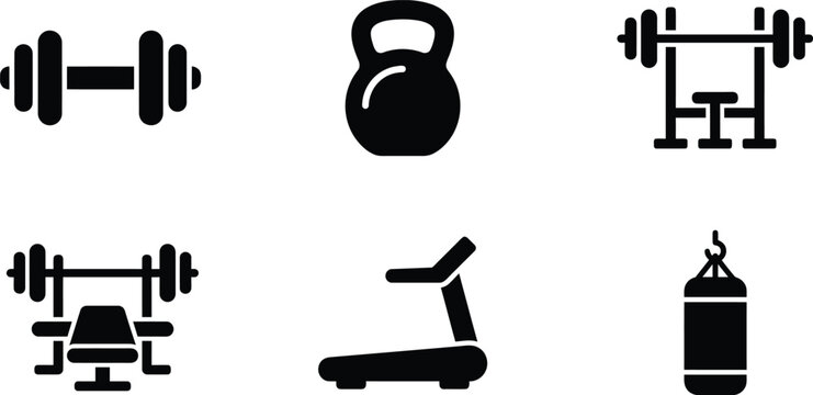 gym icon collection with monochrome strength tools, kettlebell, dumbbell, barbell, bench