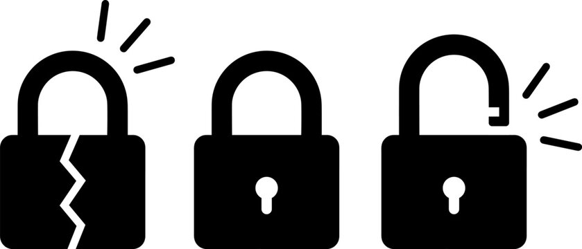 Set of black padlock icons showing broken locked and unlocked security states