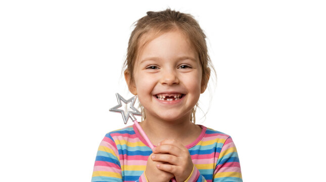 Smiling young girl with missing front teeth holding a star wand PNG Isolated on transparent background