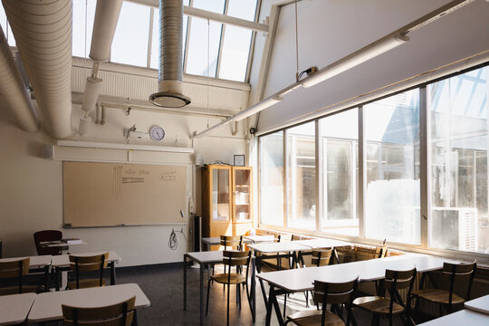 Classroom with tables and chairs in upper secondary vocational school