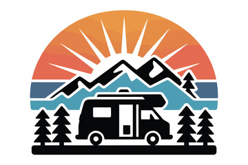 Fototapeta premium Camper van in mountain landscape sunset circular badge with mountains, wilderness