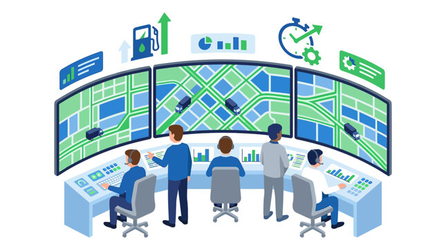 Team of operators monitoring transport fleet in high-tech control center