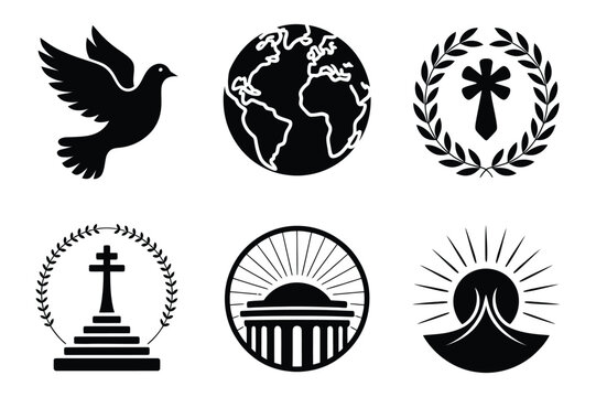 Set of religious and world unity symbolic vector icons in black and white