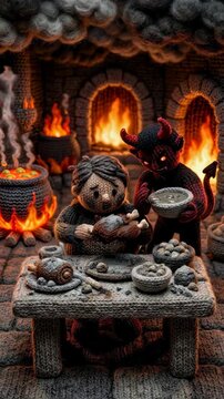 Man eating a feast in hell scene with a devil. Knitted style depiction of gluttony as one of the seven deadly sins. Biblically inspired religious concept. Vertical video