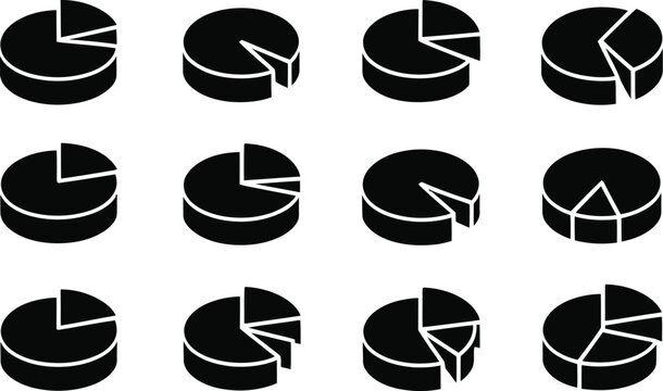 Analytics, pie chart icon set, data visualization symbols for business intelligence statistics dashboard reporting and performance measurement.