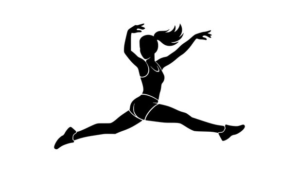 Sporty Woman Airborne Straddle Jump Black Silhouette Vector Isolated on White Background for Recreation Fitness Athletic Branding and Graphic Design