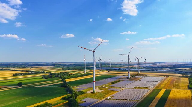 Wind turbines and solar panels above farmland. Multiple turbines with solar panel field, green and brown patchwork land