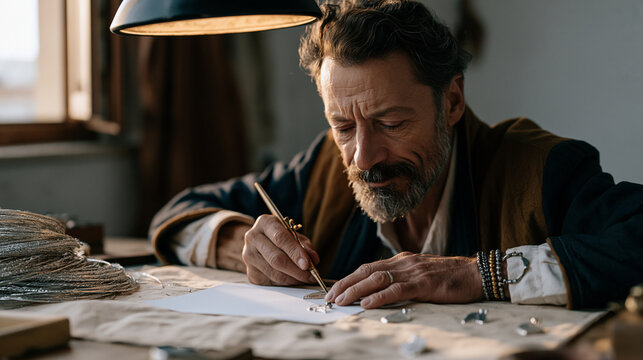 Roma jewelry craftsman uses a fine engraving tool under a magnifying lamp in a narrow workshop, surrounded by silver wire coils and unfinished pendants, representing intangible